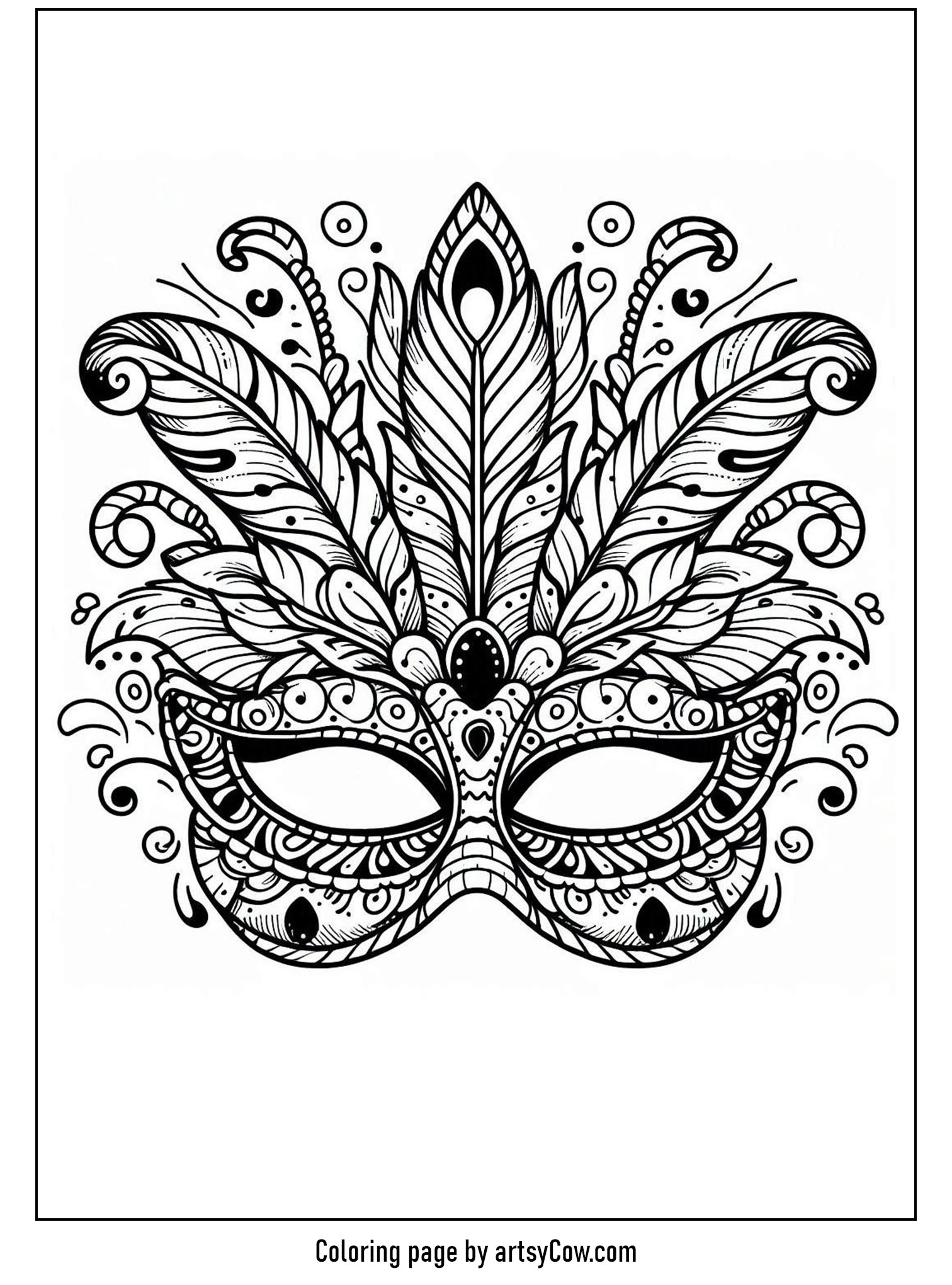 Mardi Gras coloring pages intricate carnival mask with decorative feathers and swirls.